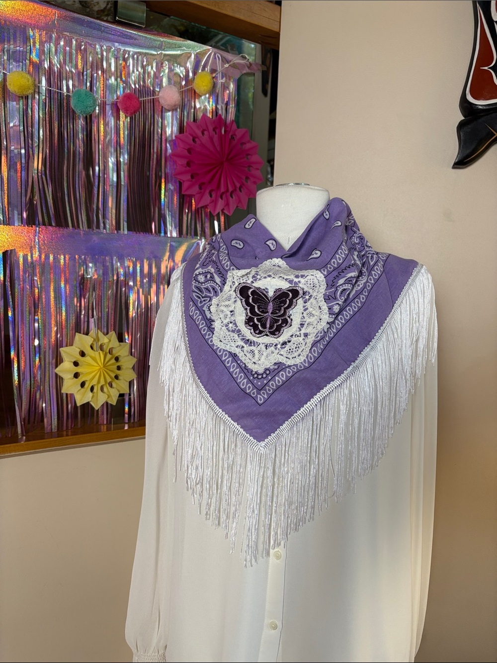 Purple Fringe Bandana Scarf with Butterfly Appliqué